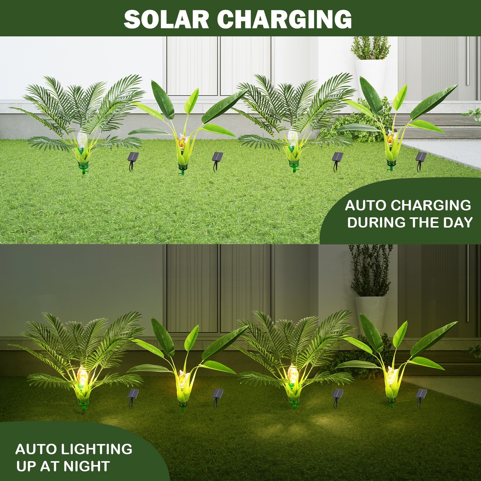 2PCS Artificial Plants Outdoor with Solar Lights Realistic Fake Plants for Yard