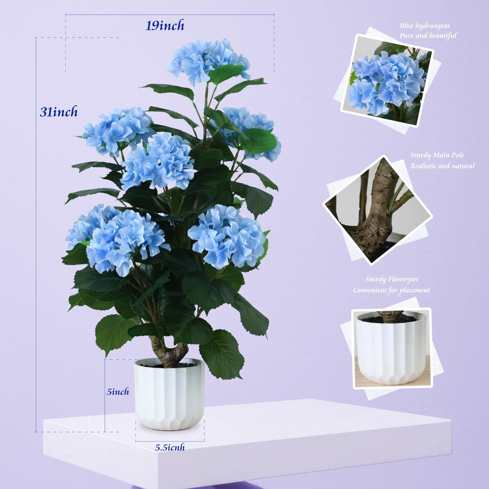 31″ Large Faux Blue Hydrangea Plant – Realistic Silk Floral Arrangement for Home