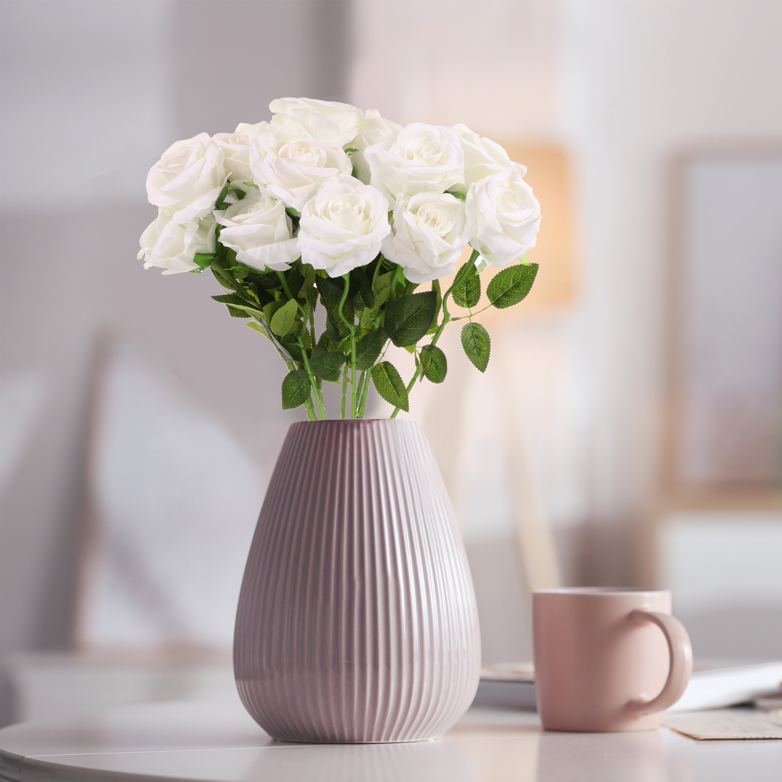 12Pcs White Roses Artificial Flowers Velvet Rose with Stems