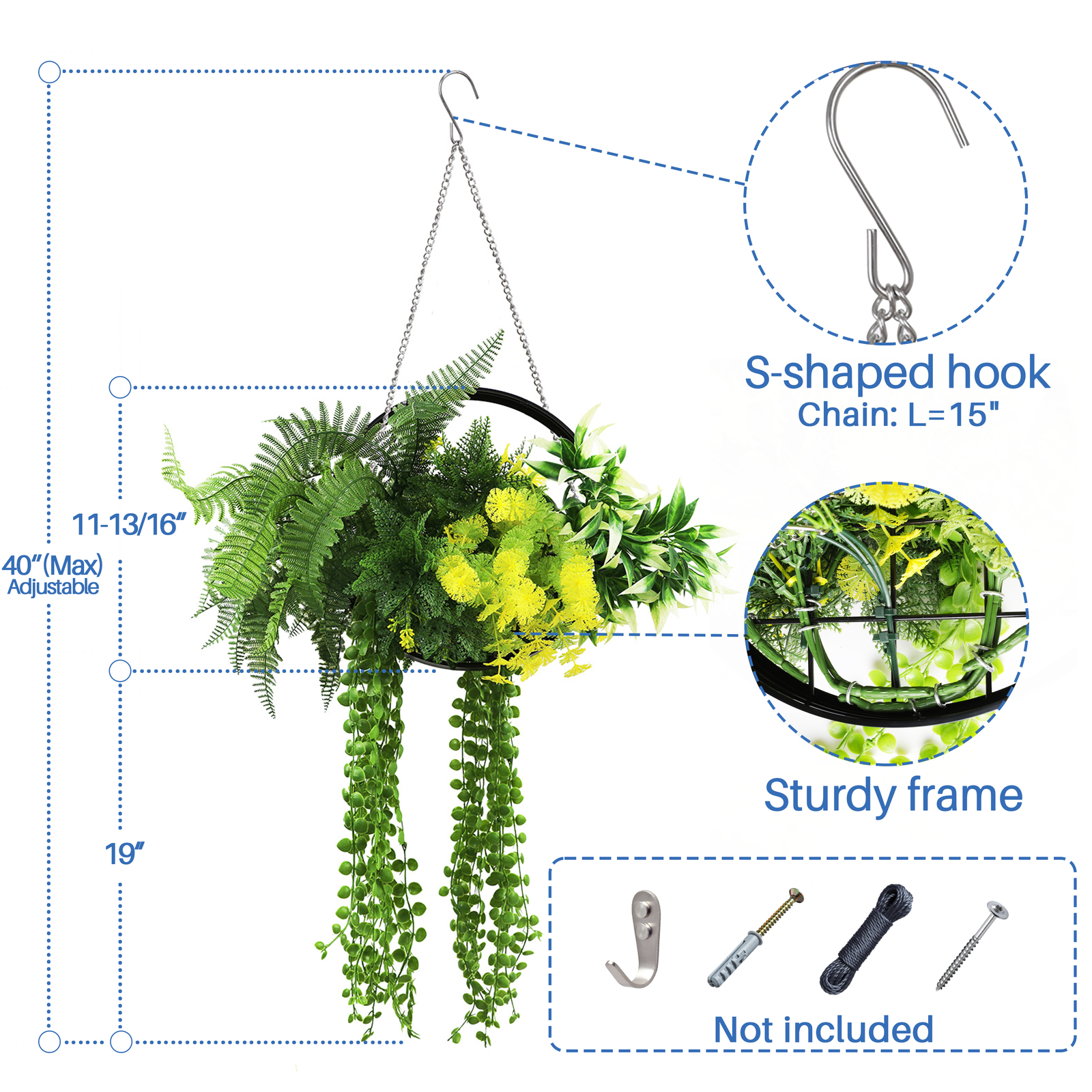 Artificial Hanging Plants Greenery w/ Black Frame For Wedding Home Office Decor
