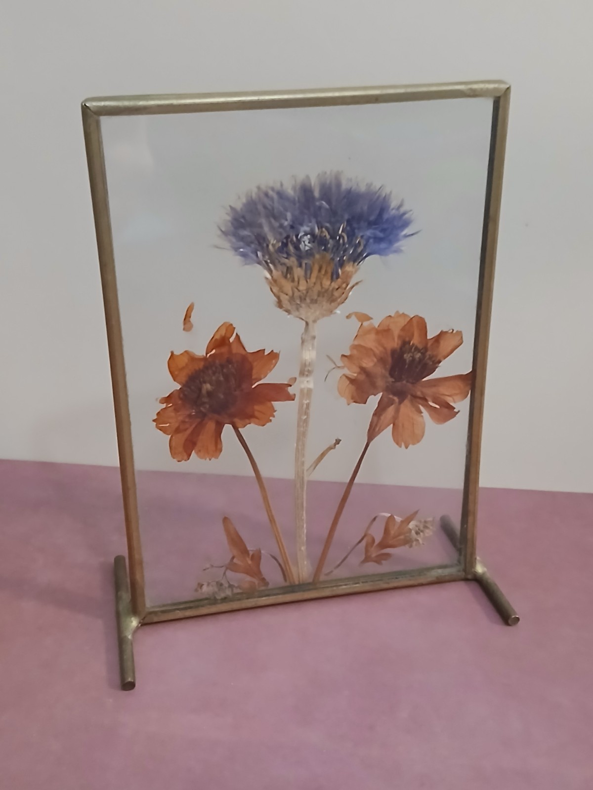 Two Vintage Pressed Floral Pieces-Brass & Aluminum Frames