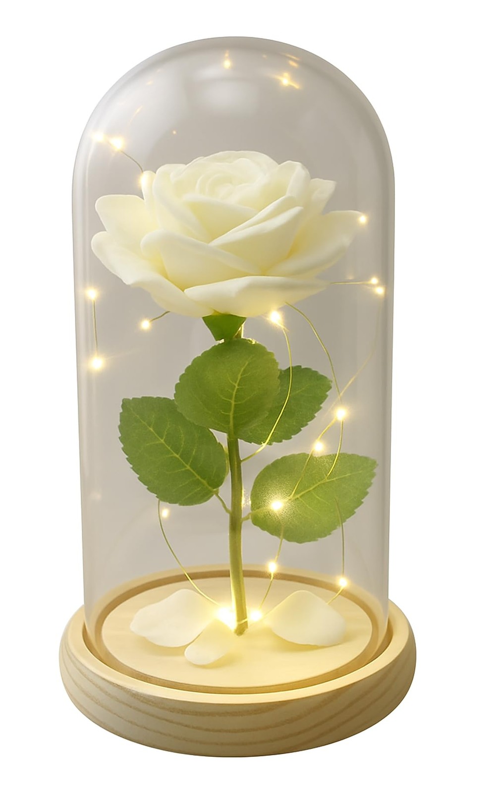 Eternal White Rose in Glass Dome with LED Lights – Light Up Artificial Rose D…