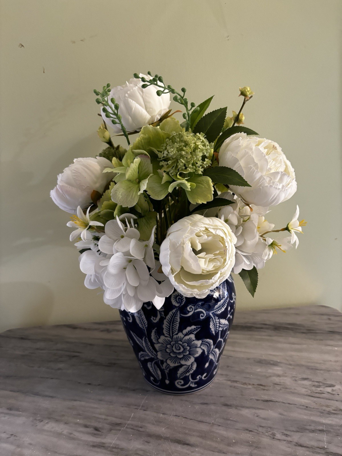 White Peonies Silk Flowers In Cobalt Blue Vase Decor Stands Approx 17” Tall