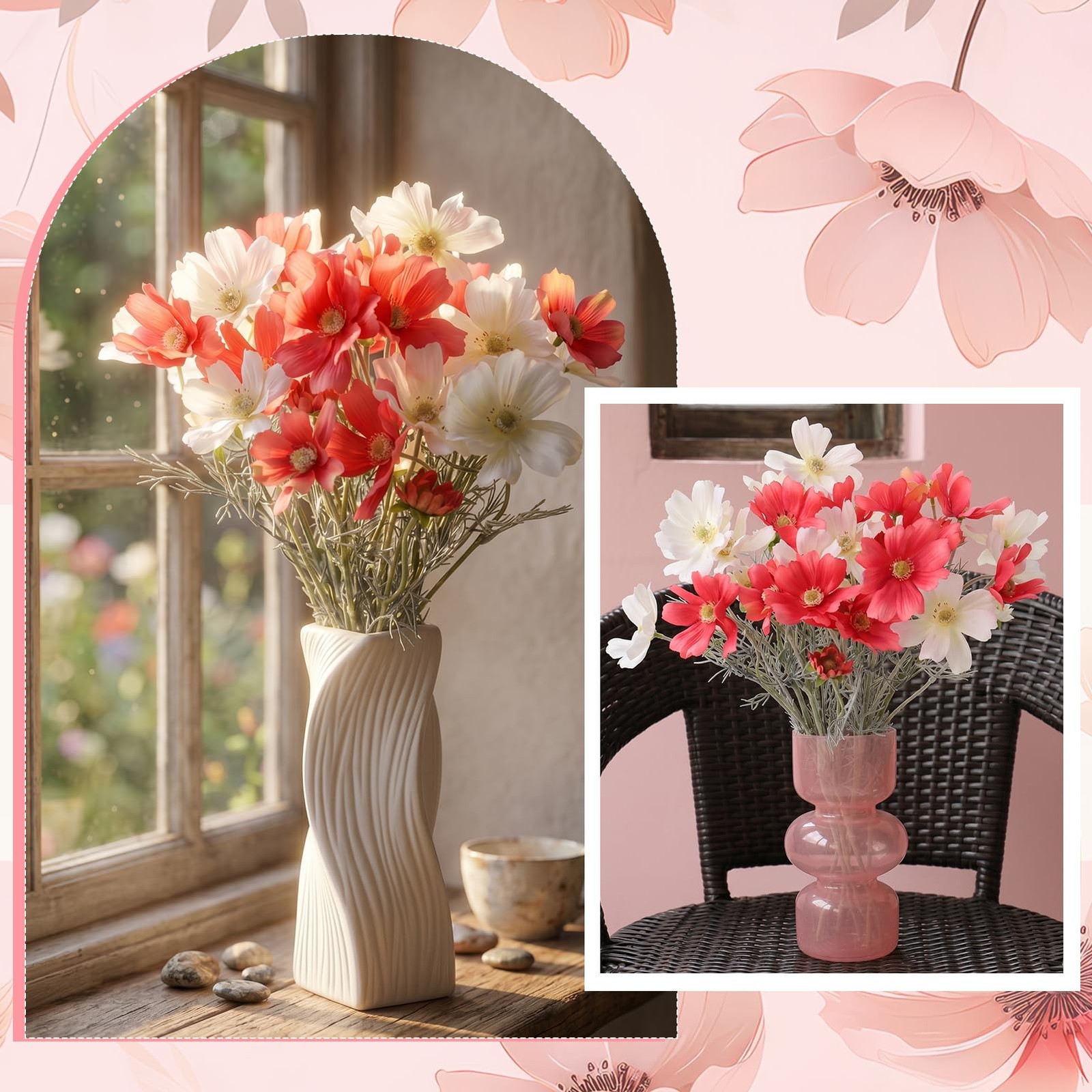 6 Pcs 23.6 Inch Deep Pink White Artificial Flowers Cosmos for Vase,Pink Fake …