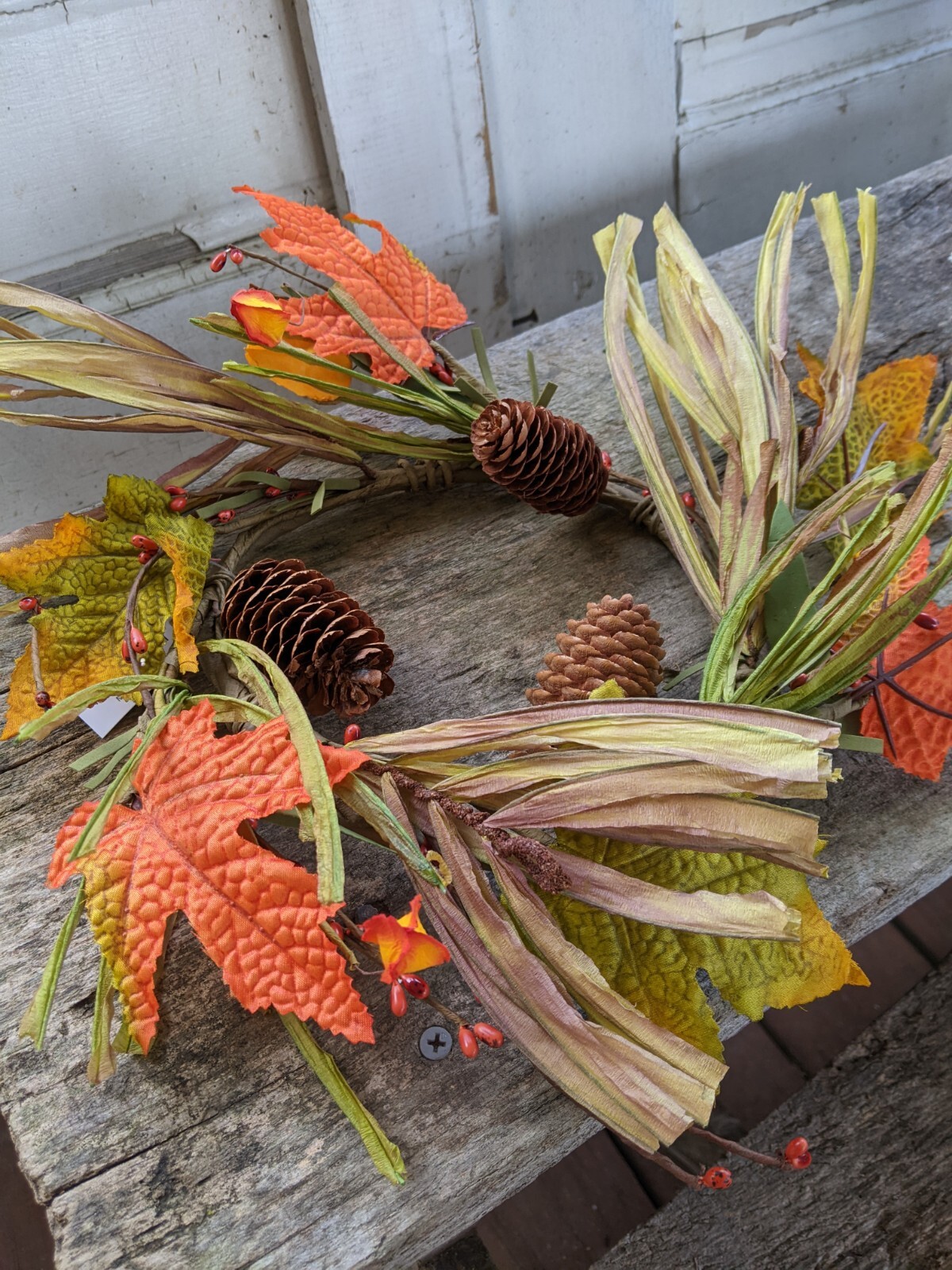 FALL MAPLE LEAF CANDLE RING BERRY PINECONE 6″ x 12″ Harvest Autumn Grass NEW