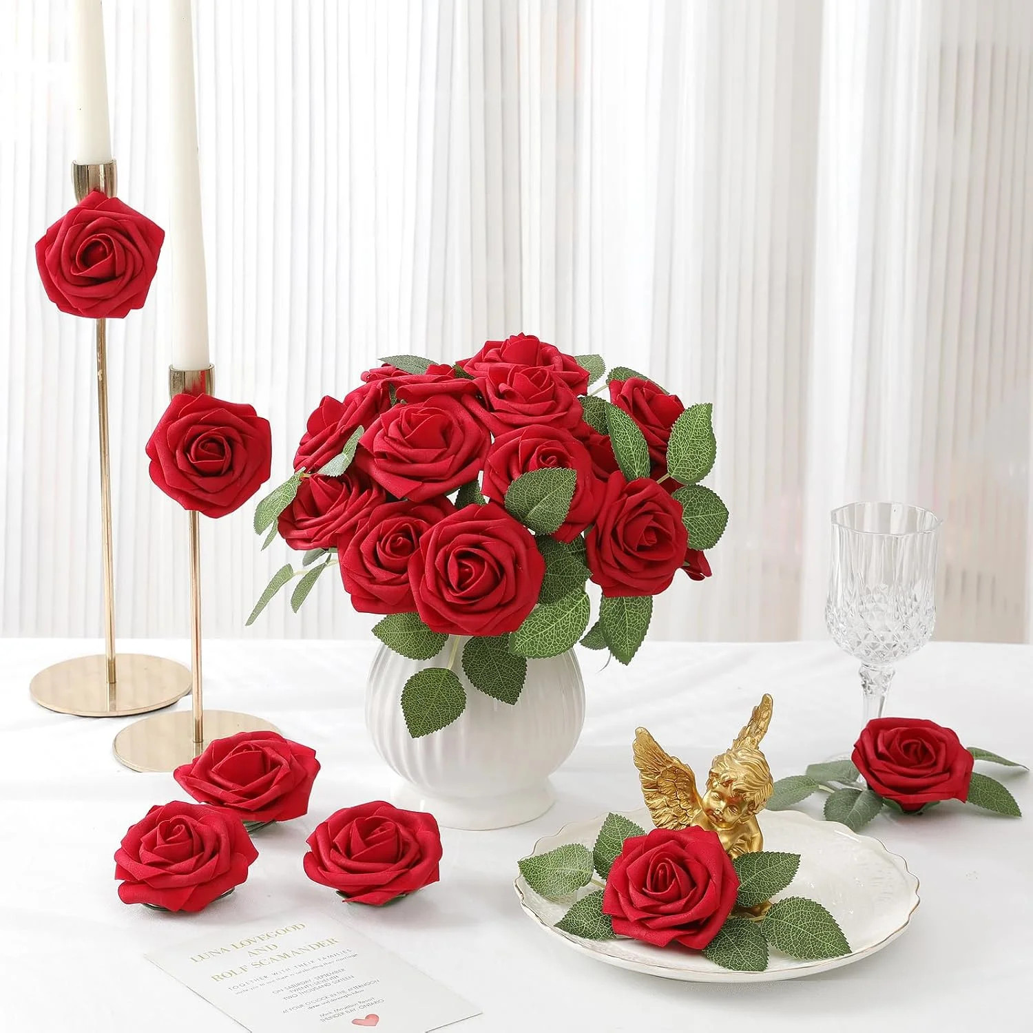 DerBlue 60pcs Artificial Roses Flowers with stem and 10pcs Green Leaves Real Loo