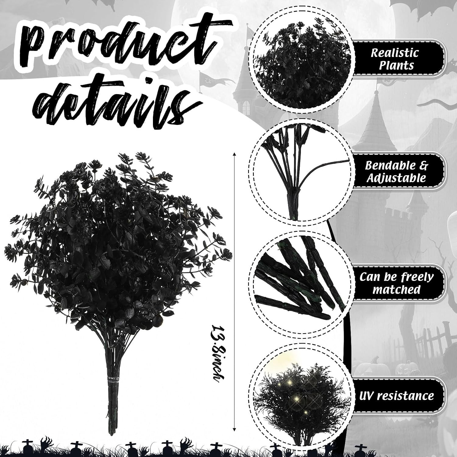 60 Bundles Black Outdoor Artificial Fall Flowers for Halloween Decor