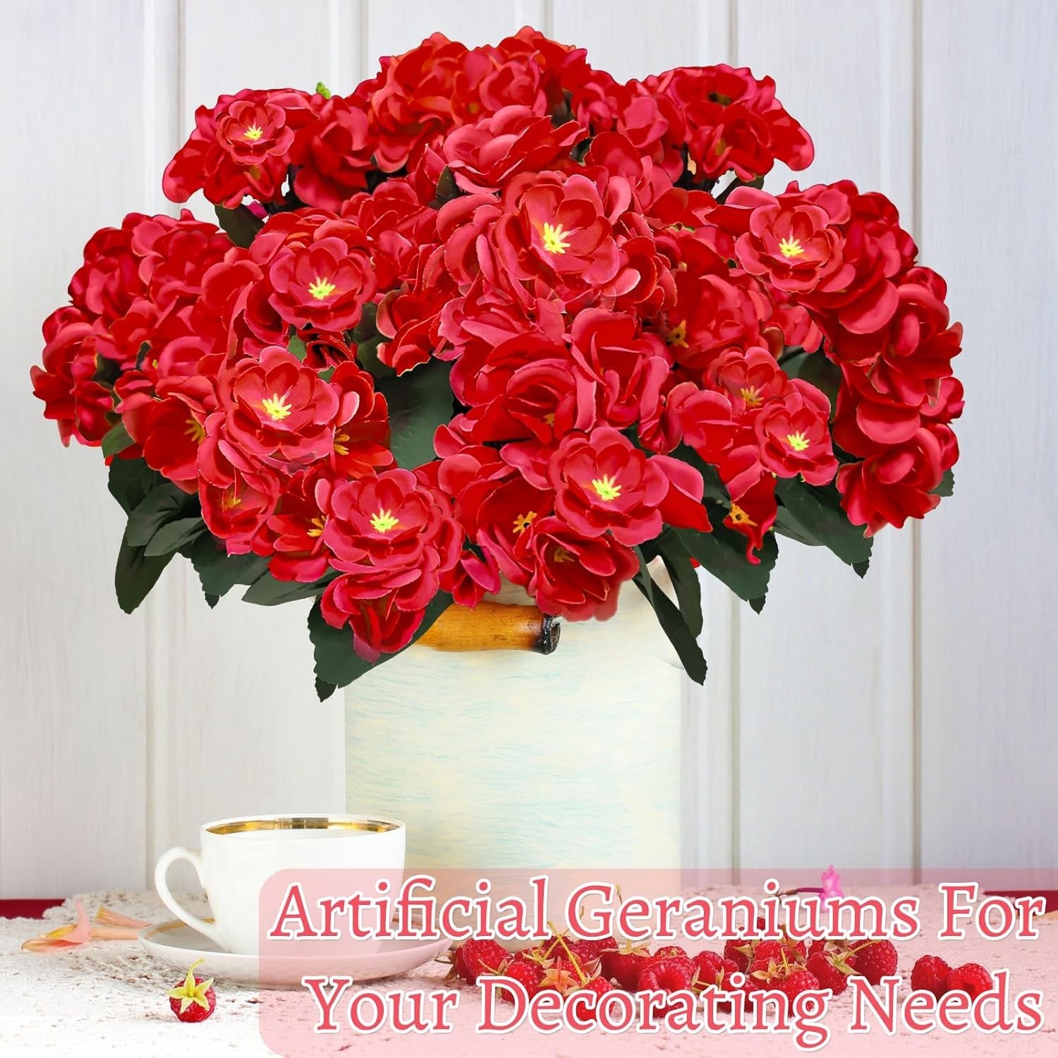 4 Bundles Artificial Red Geranium Flowers UV Resistant Faux Outdoor Garden Decor
