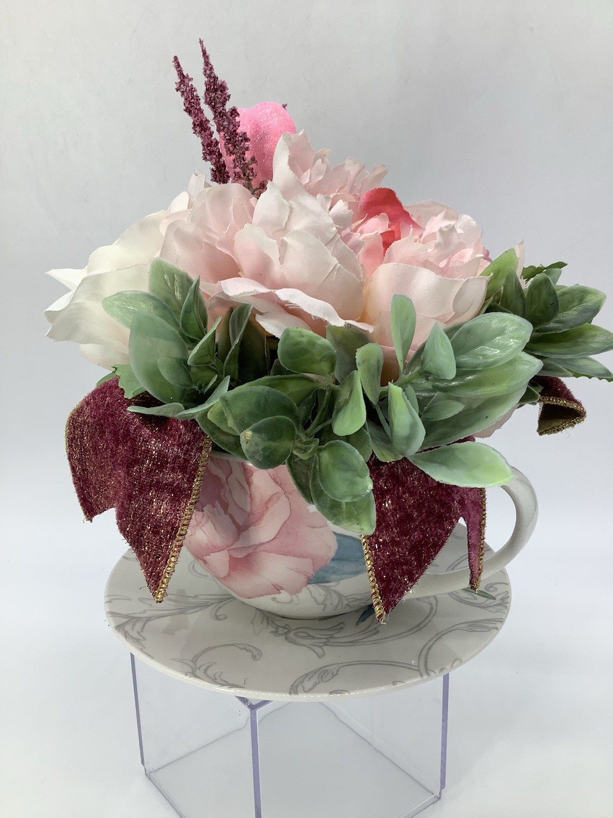 Handmade Valentines Day Pink Tea Cup Floral Arrangement