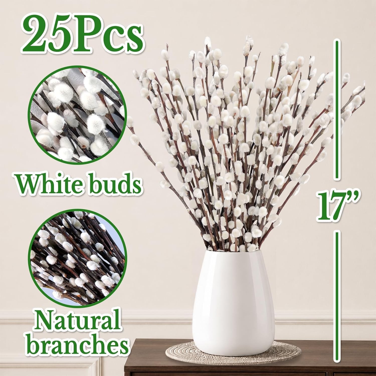 Natural Dried Pussywillow Branches 25 Stems 15-17″ Real Preserved for Vase Decor