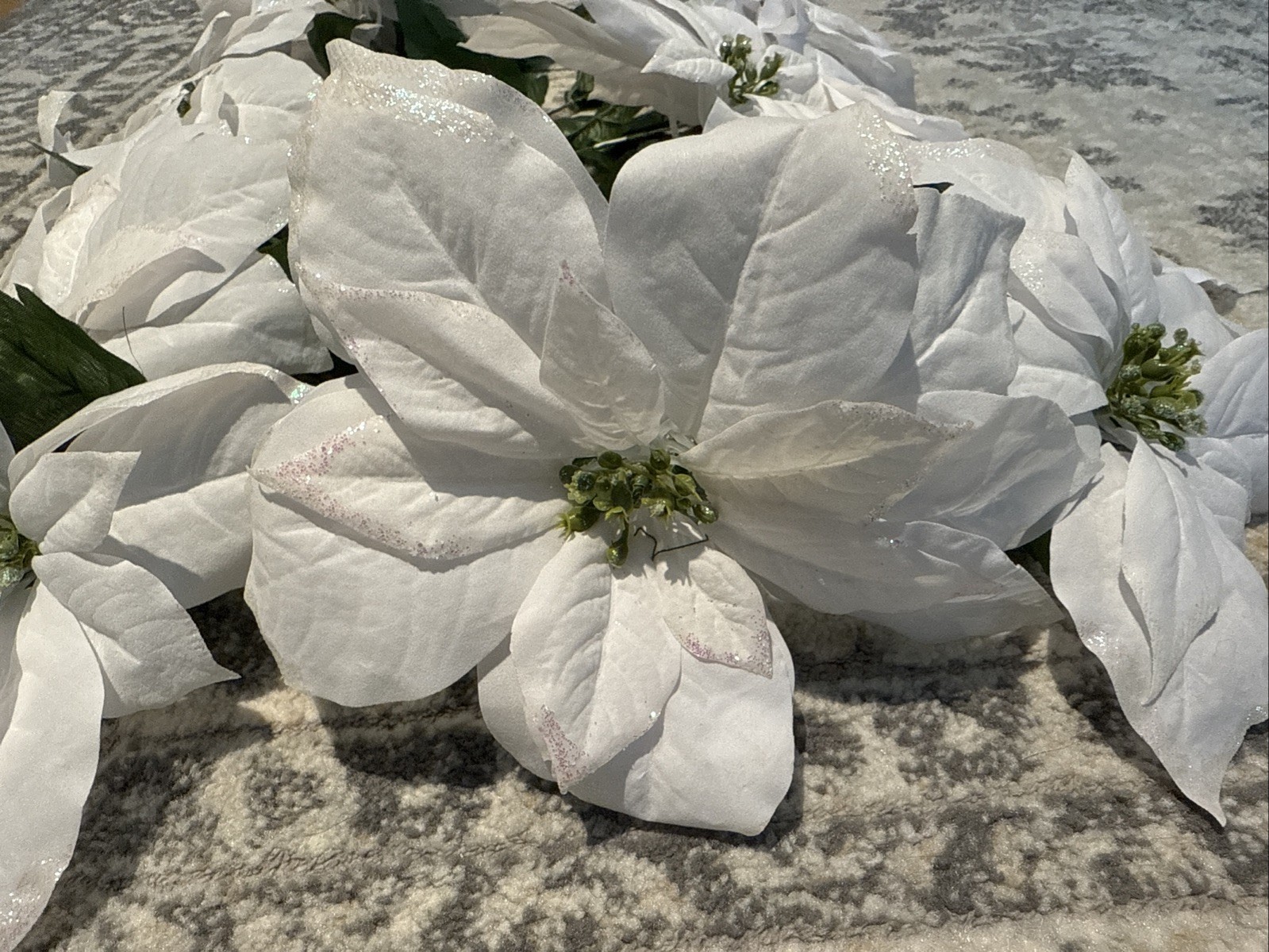 Lot 17 White Sparkle Poinsettia Floral Picks 8x7x14” Used In Christmas Tree