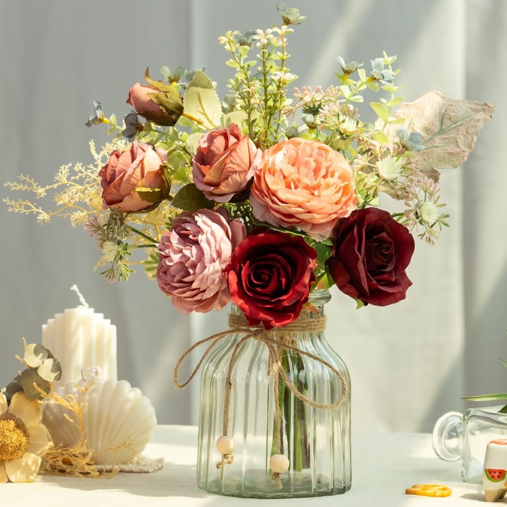 Fake Artificial Flowers with Vase Faux Silk Flower Bouquet in Glass Vase Rose…