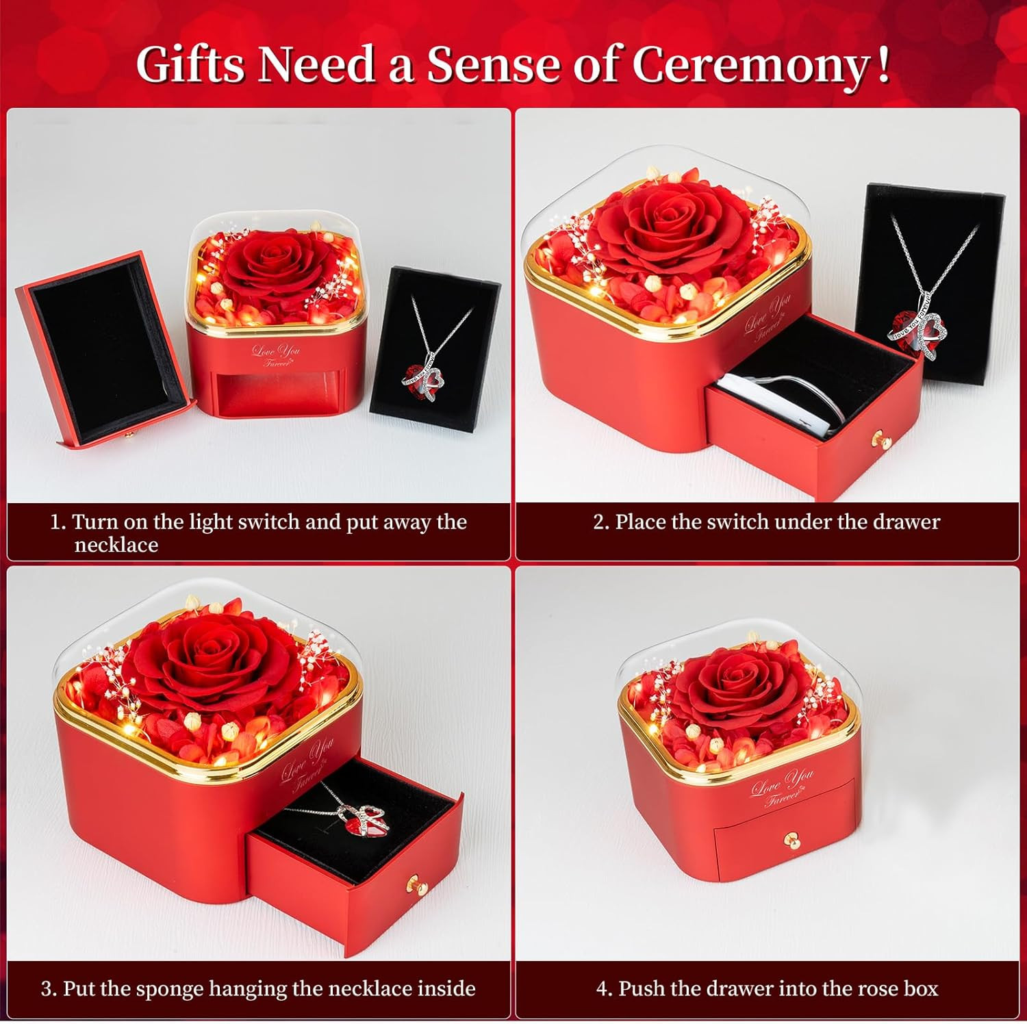 Preserved Red Real Rose with Heart Necklace -Eternal Flowers Rose Birthday Gifts