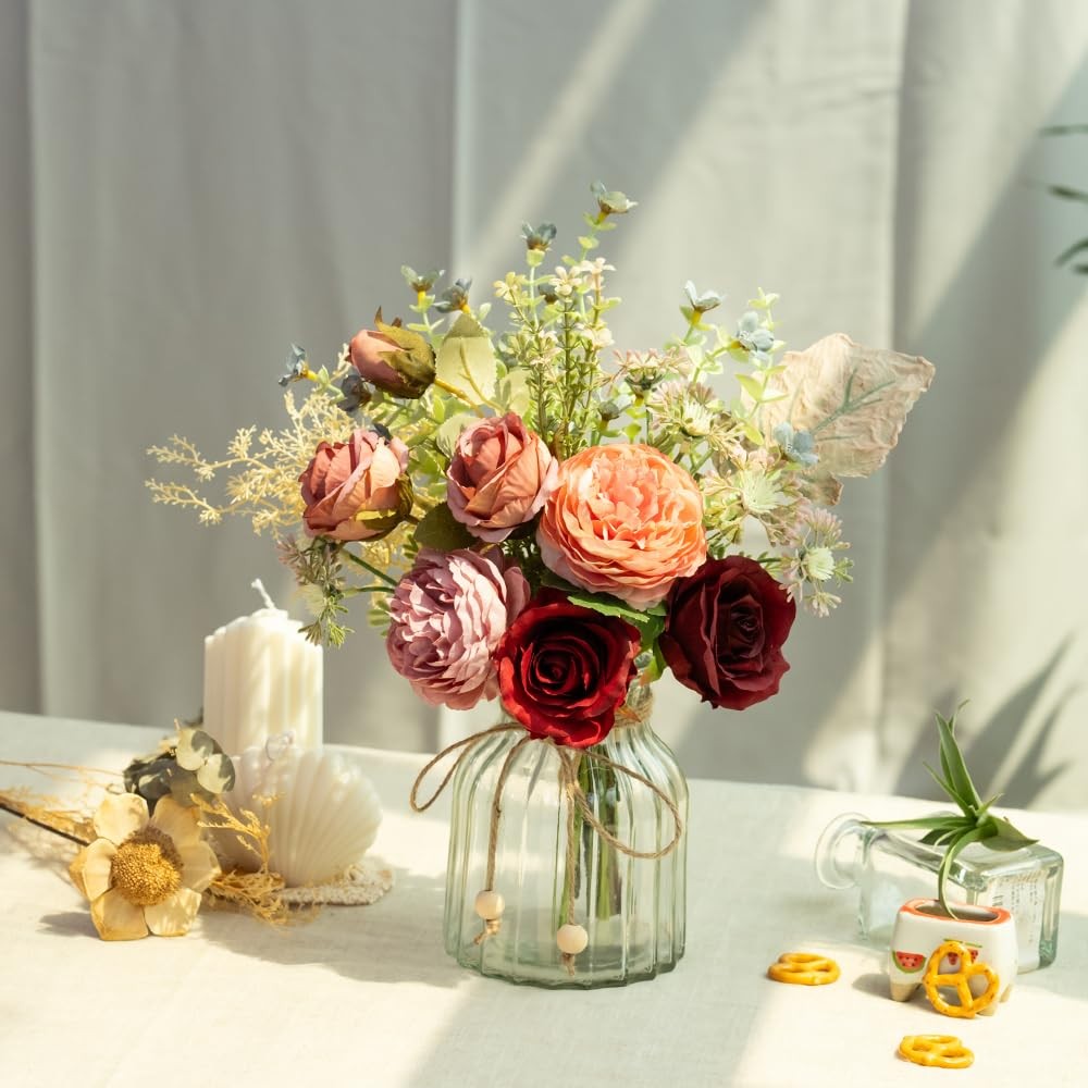 Fake Artificial Flowers with Vase Faux Silk Flower Bouquet in Glass Vase Rose…