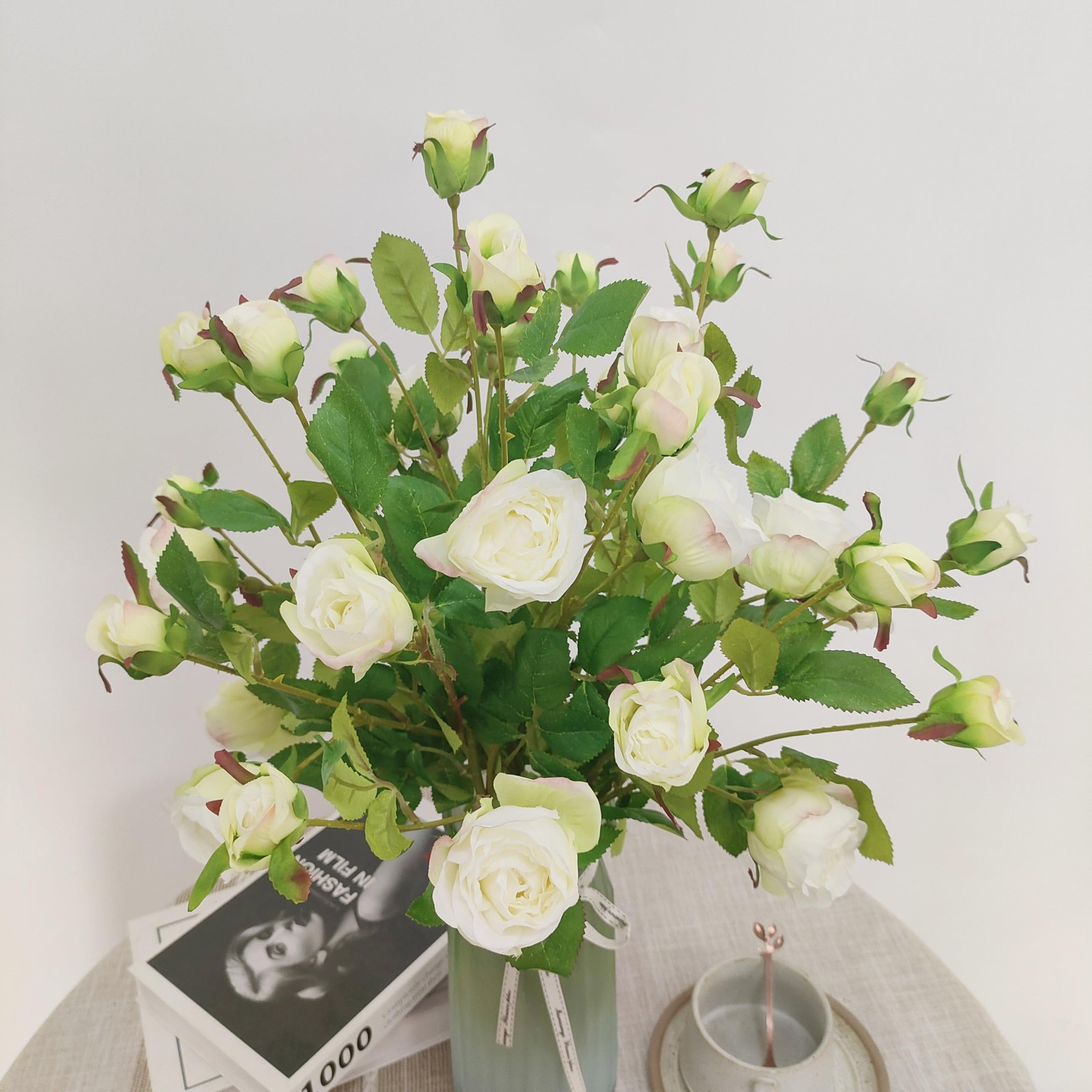 6 Pcs Ivory Rose Artificial Flowers Real Look, 25.6” Fake Faux Silk Roses wi…