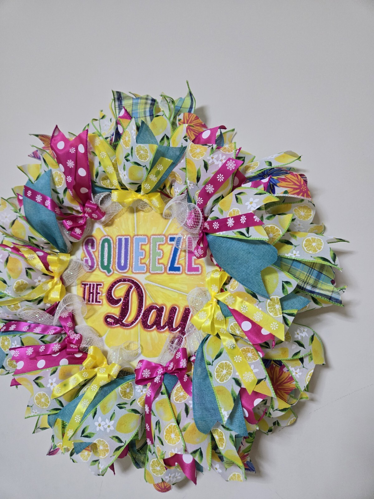 WREATH SQUEEZE THE DAY Spring SUMMER Fall Front Door Wall Decor BIG bright every