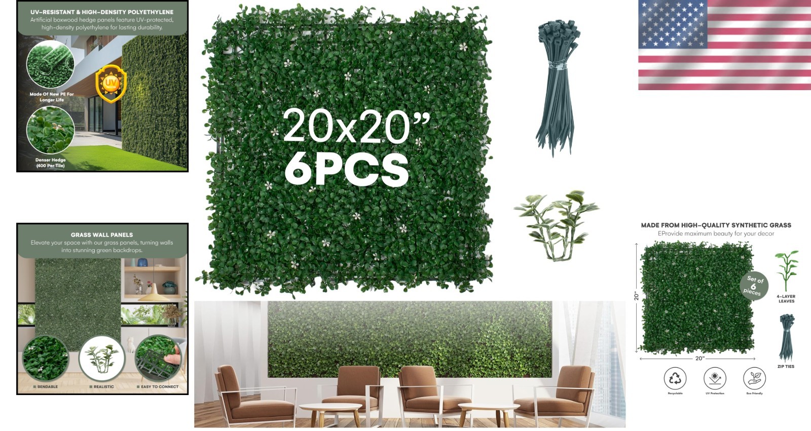 Artificial Boxwood Hedge Panels Greenery Wall Decor Indoor Outdoor Pack of 6