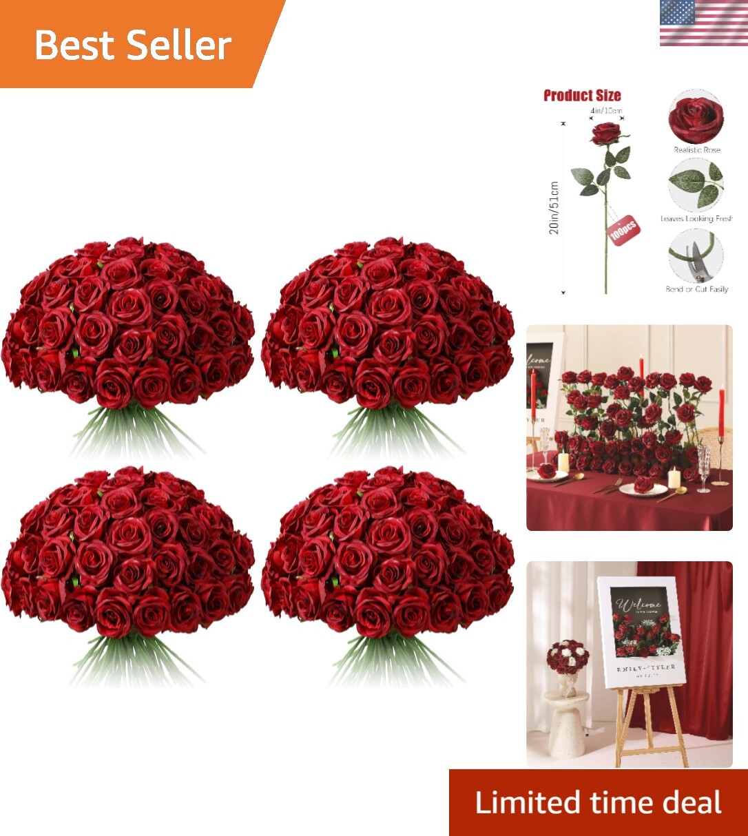 Everlasting 100 Pcs Red Silk Roses – Perfect for Weddings, Parties & Home Decor