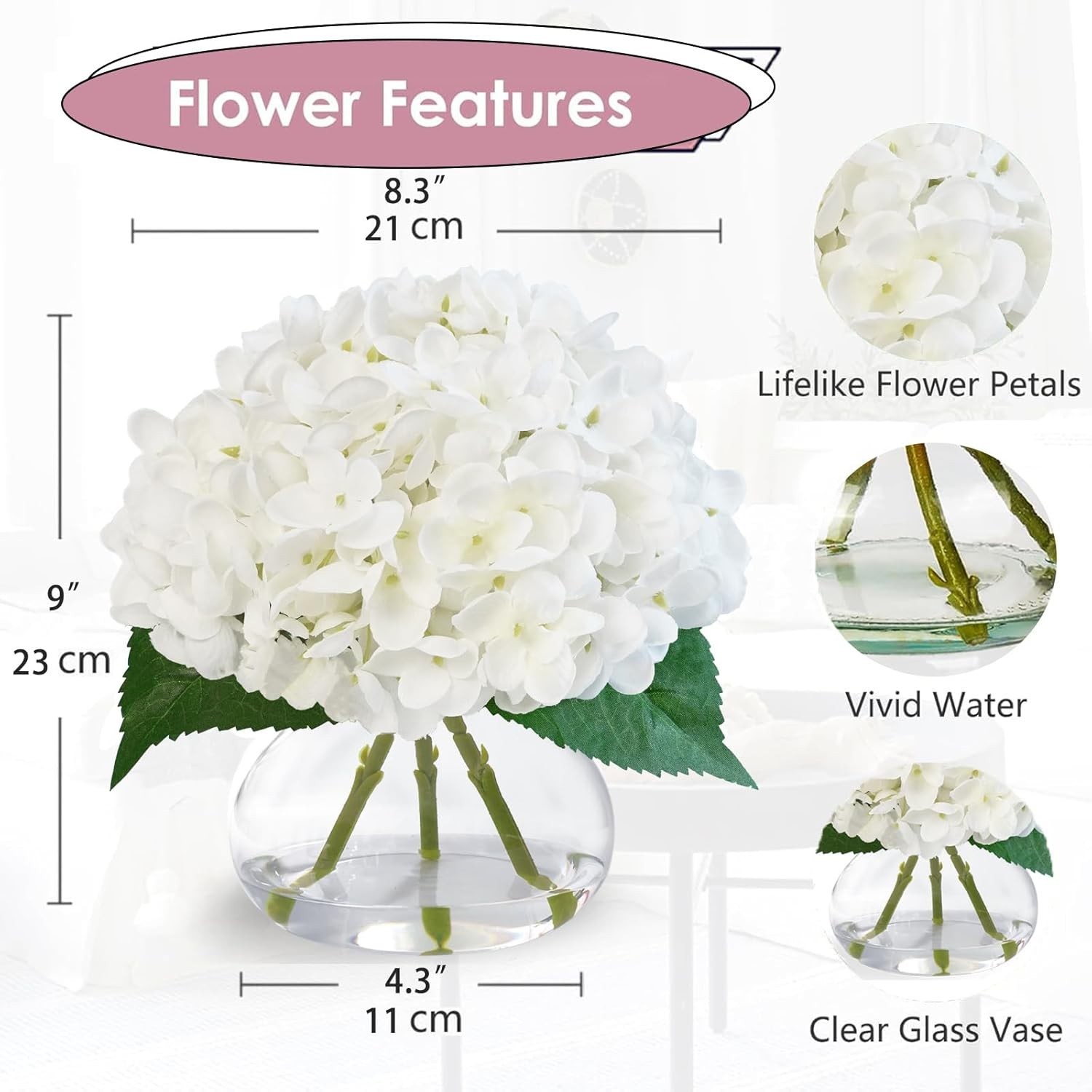 Artificial White Hydrangea Flower Arrangement in Glass Vase with Faux Water