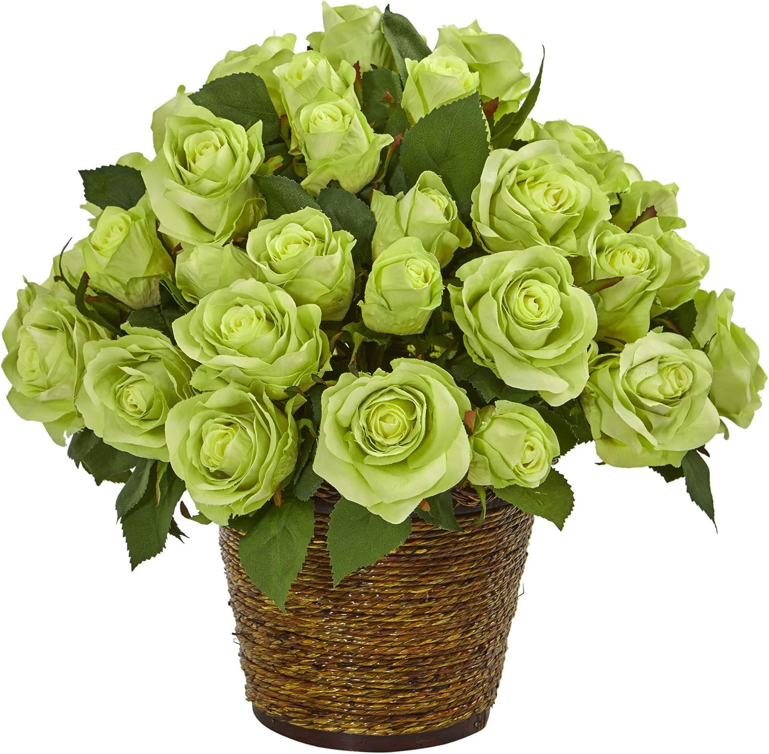 14″ Green Rose Silk Arrangement in Basket