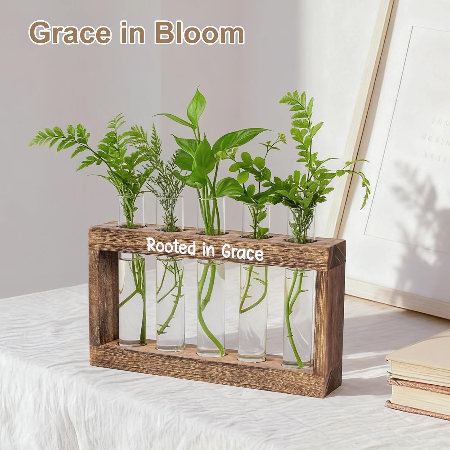 Rooted in Grace Plant Propagation Station – Wooden Stand with 5 Glass Vases, Fai