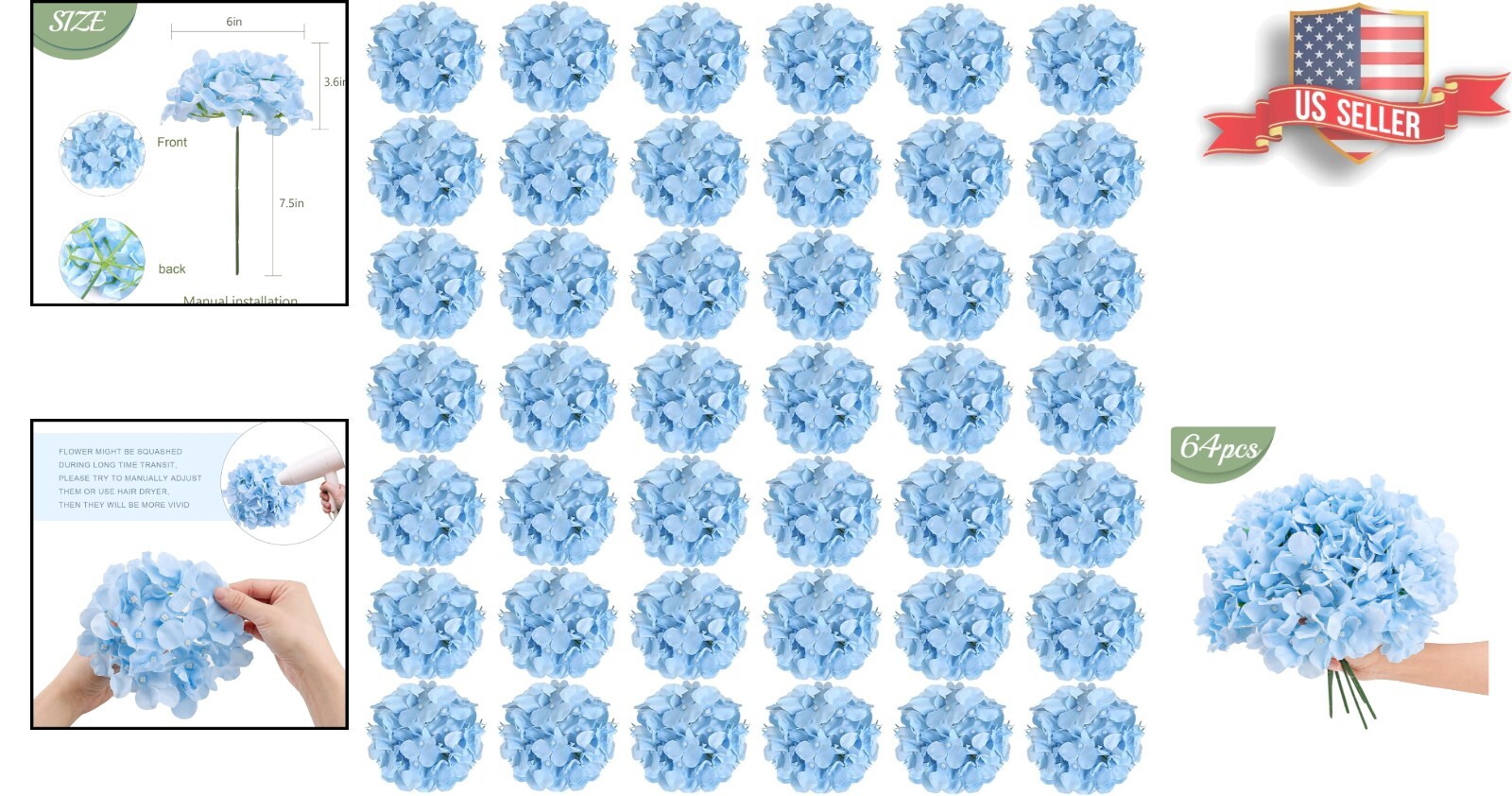 Luxurious 64-Pc Blue Artificial Hydrangea Set for Timeless Wedding & Party Decor