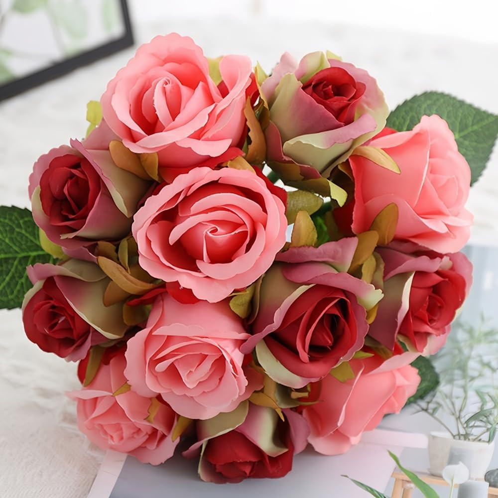 Artificial Roses Fake Flowers 12 Heads Arrangement Silk Bouquet for Home Office