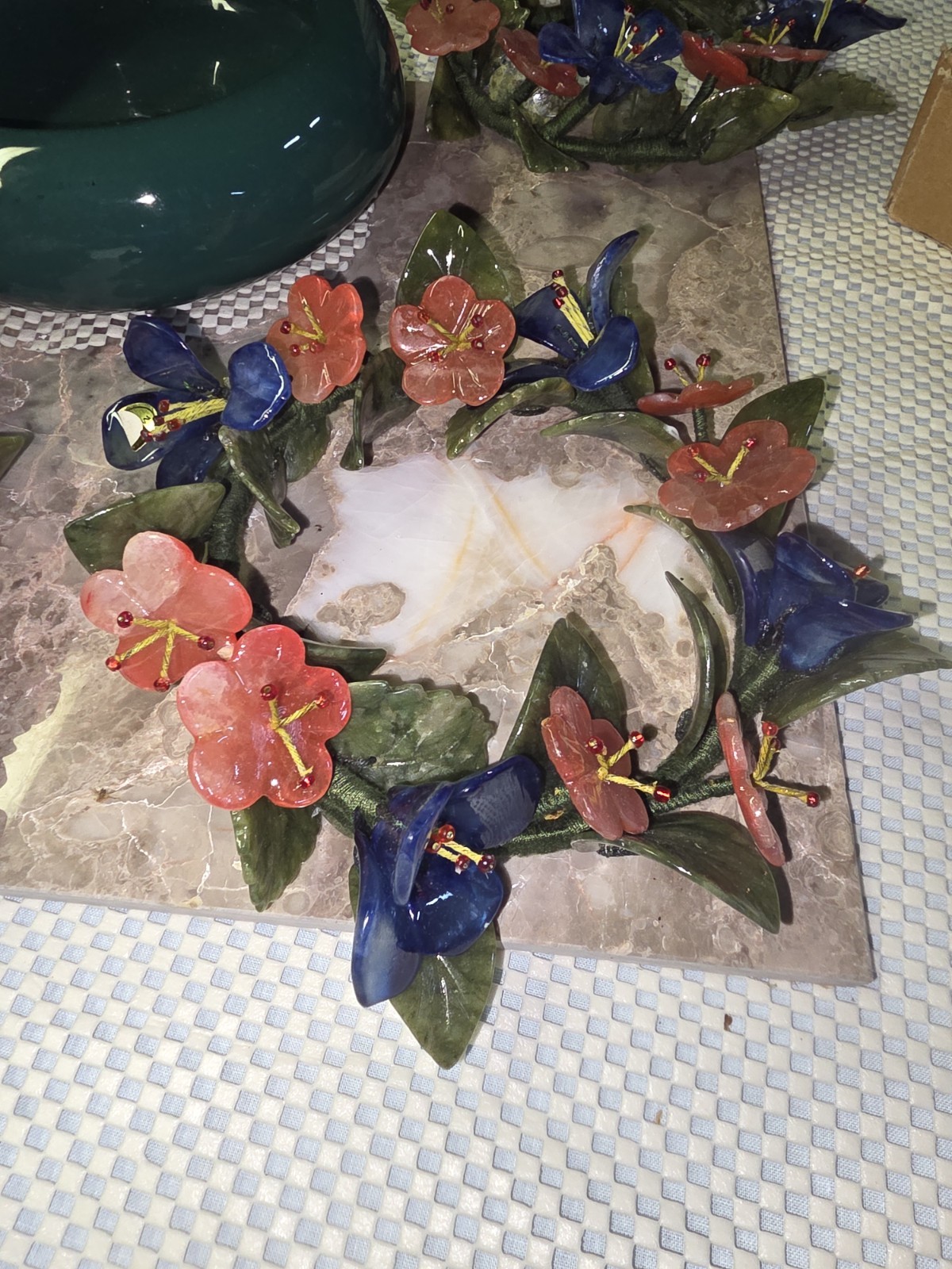 Ceramic Floral Artificial Candle Ring Wreath w/ Blue Pink Flowers Green Leaves