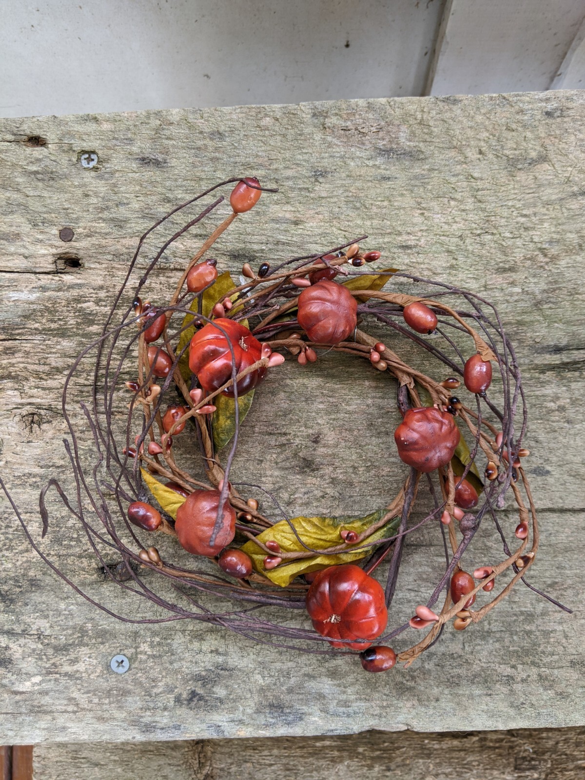 PUMPKIN BERRY CANDLE RING WREATH Pip Leaves Twig Autumn Fall Harvest 8″ x 3.5″