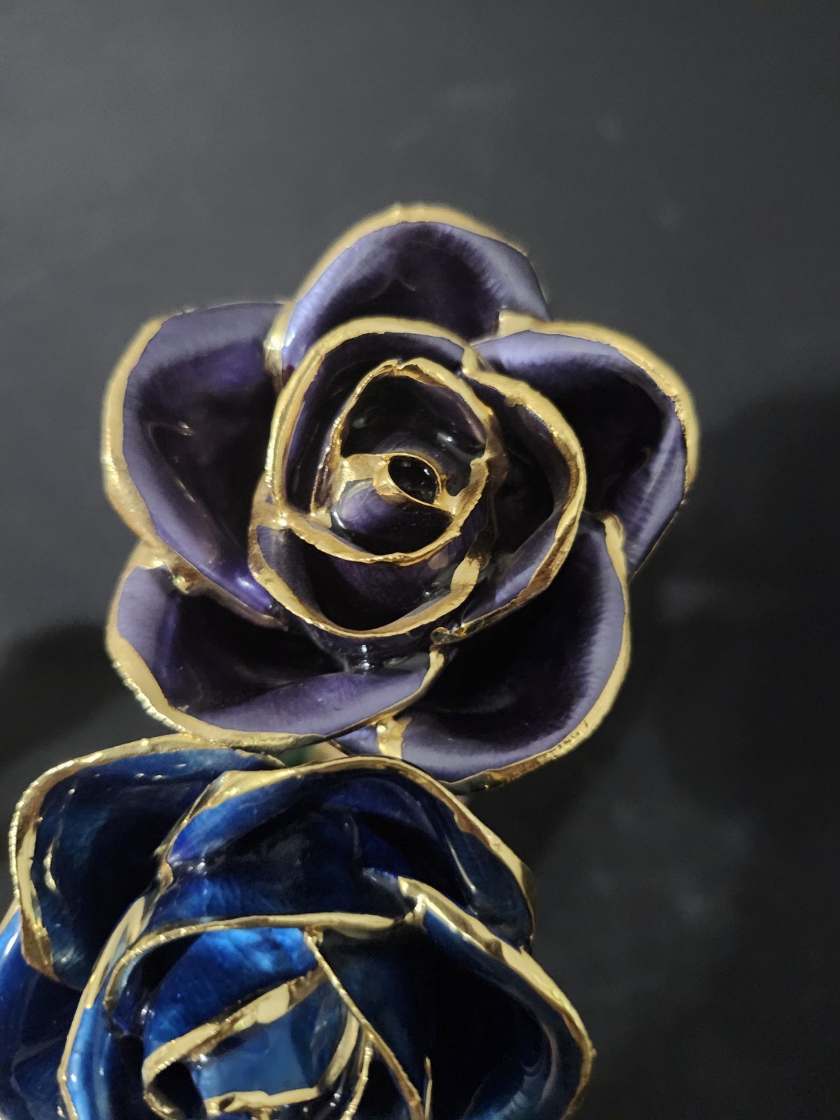 Lacquer Dipped 24k Gold Trimmed Real Preserved Blue And Purple Rose 11″ Set Of 2