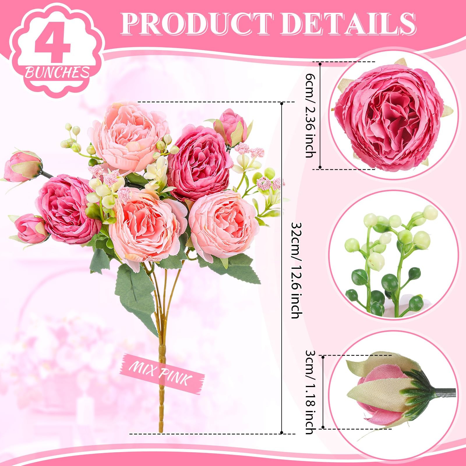 4 Bundles Peonies Artificial Flowers Silk Faux Peonies Wedding Artificial Flo…