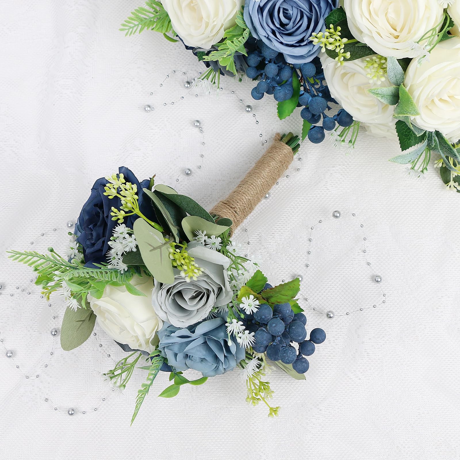 2 PCS Bridesmaid Bouquets Wedding 7 Inch Artificial Flowers Ceremony Navy Blue