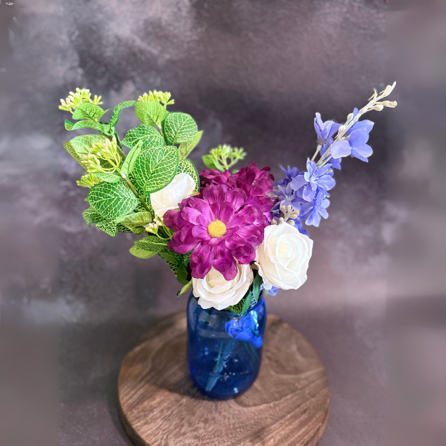 Purple White Rose Faux Floral Arrangement Blue Mason Jar LED Lights Home Decor