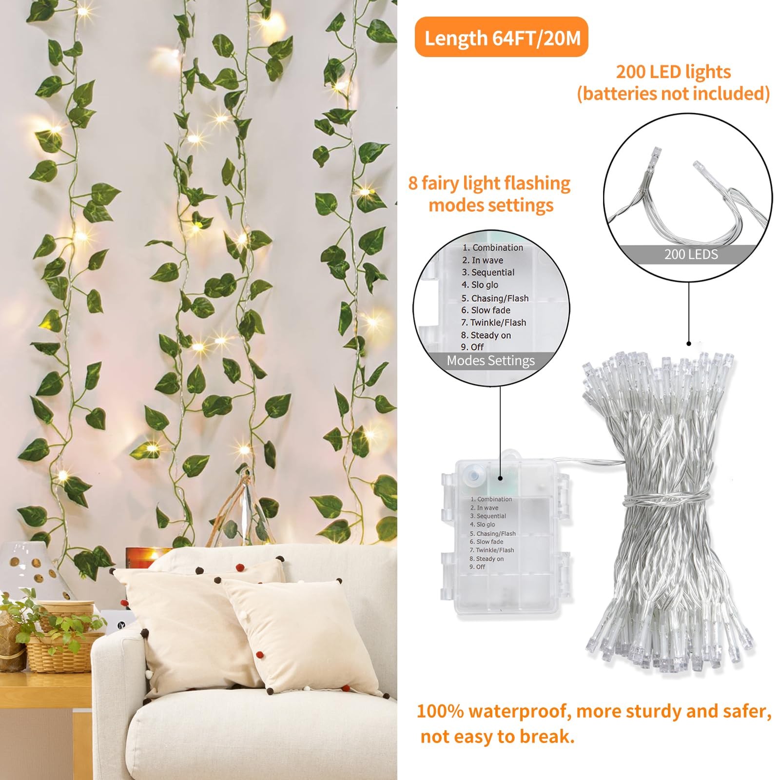 CEWOR 24 Pack 173ft Fake Ivy Vines, Artificial Ivy Garland with 200 LED String