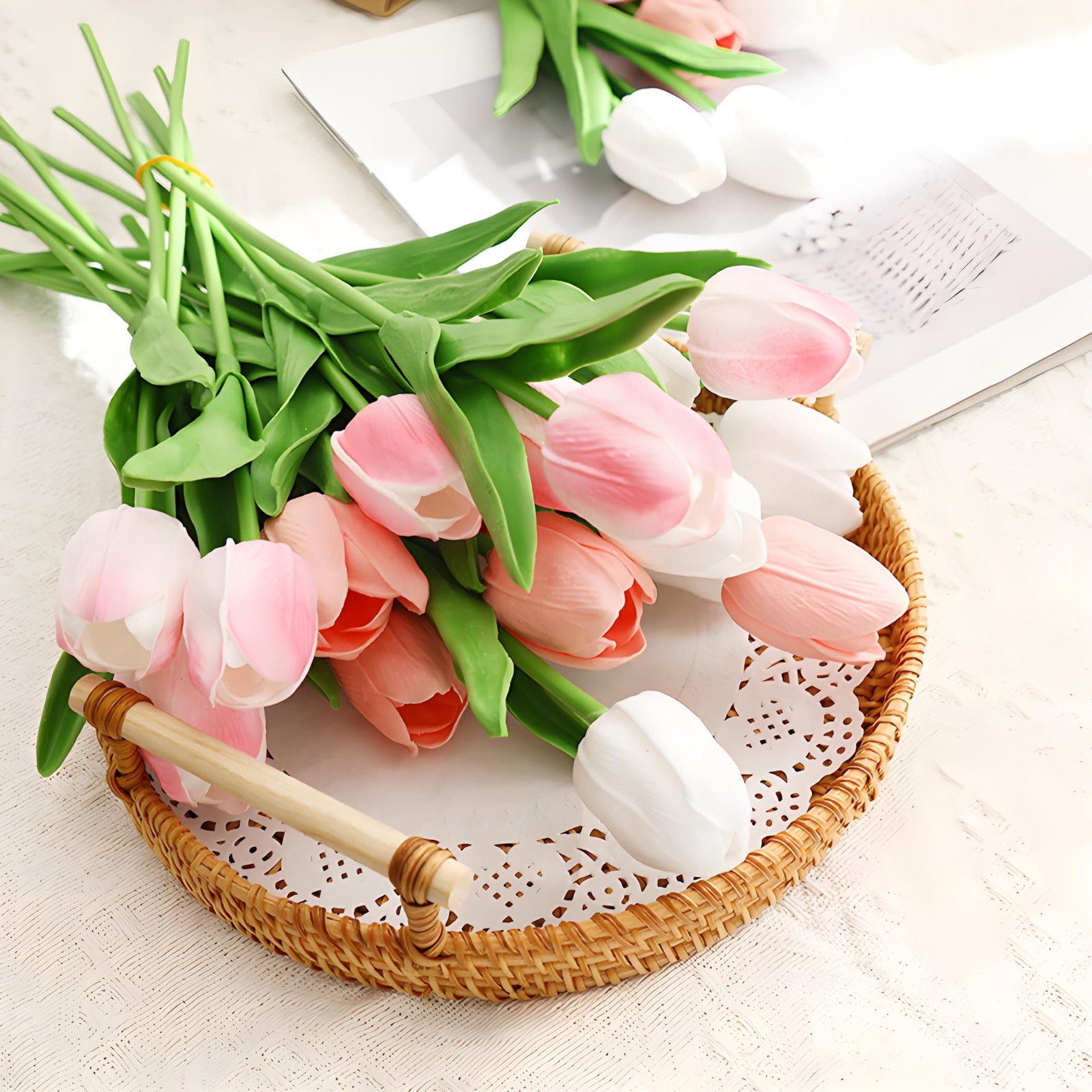 10 PCS White Artificial Flowers Fake Tulips 13 Inch Silk Bouquet Wedding Decor