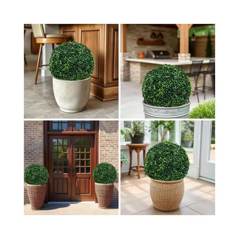 15 In. 2 Balls Artificial Boxwood Topiary Ball Trees 4 Layers of Uv-Resistant Bo