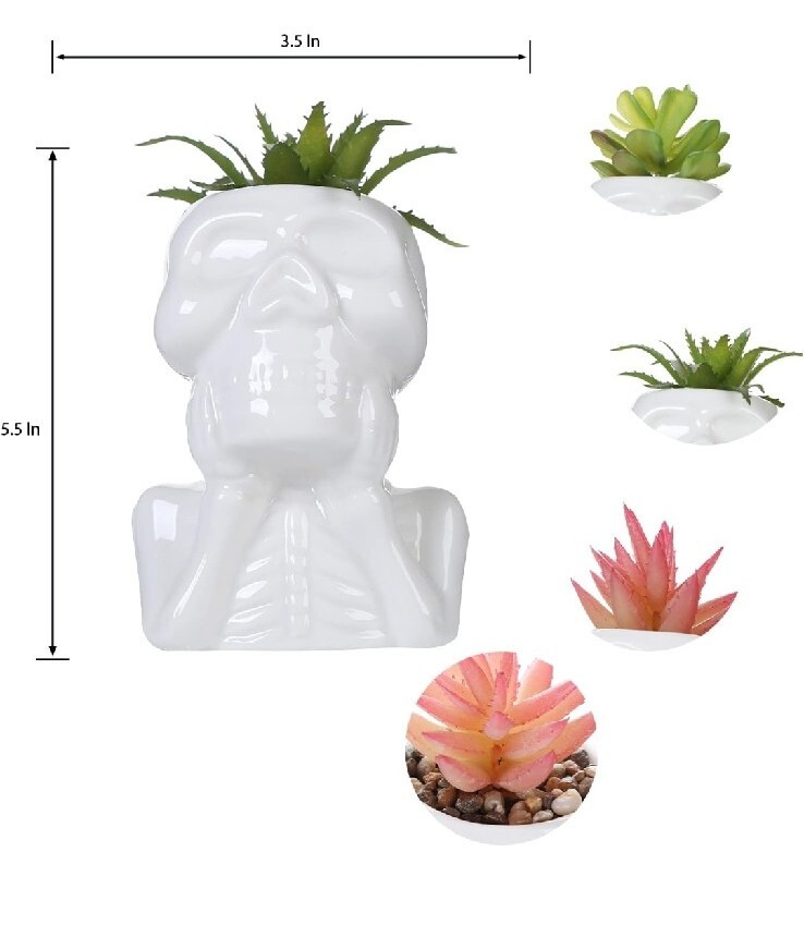 unique ceramic skull Faux planters glossy white finish playful skeleton design