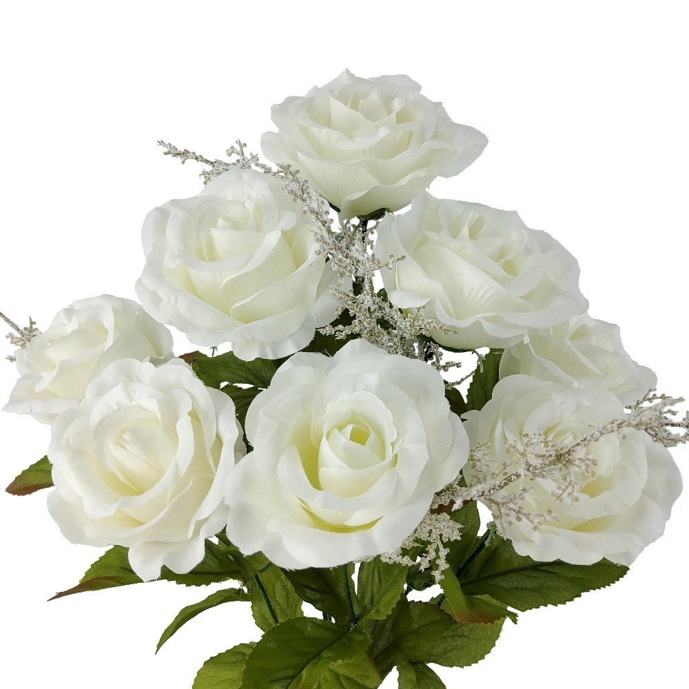 Artificial White Rose Bush Flower Arrangement for Home Decor 17.5 Inch