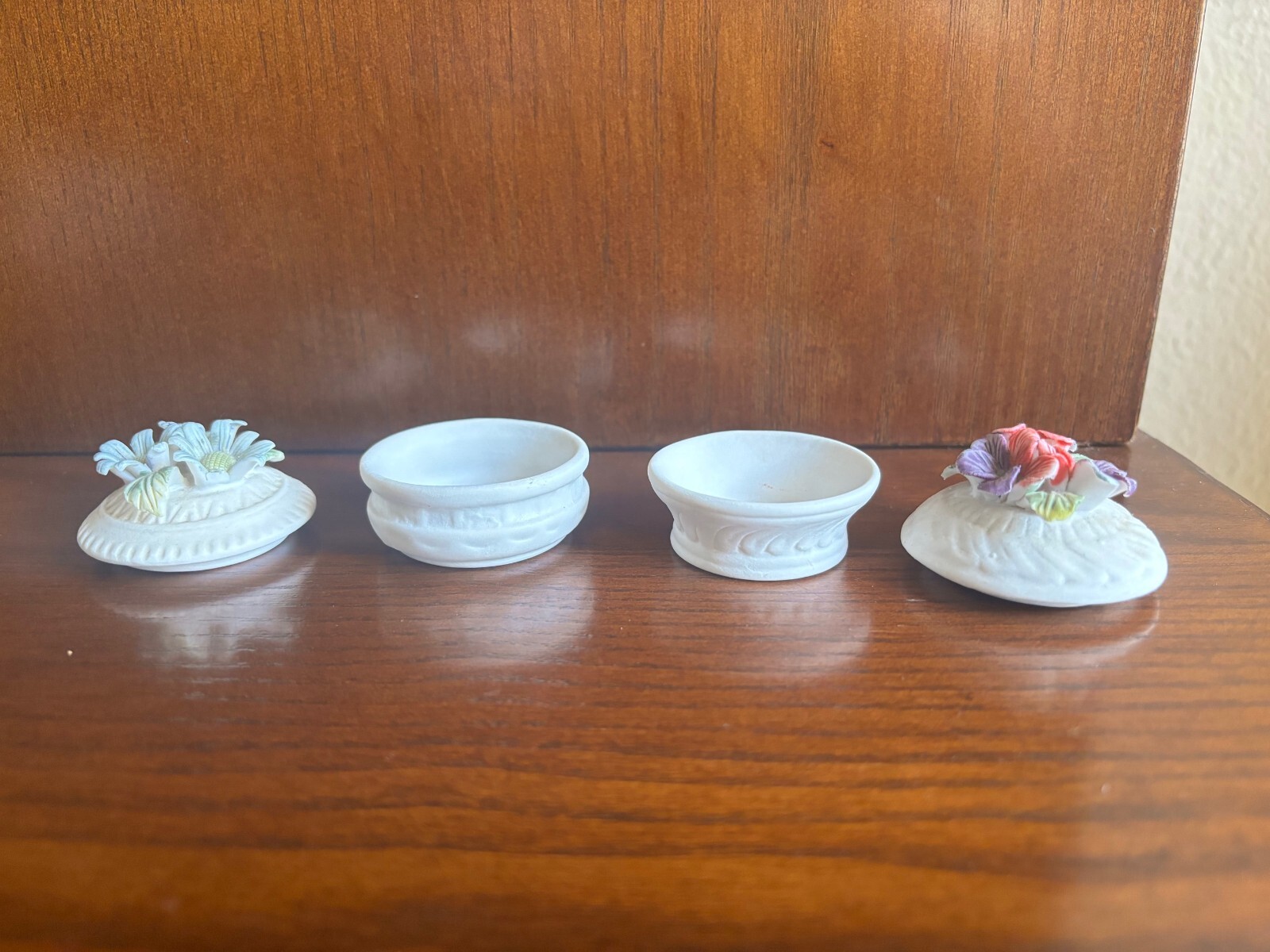 Ceramic Flower Ring Holders, a Pair with Blue, Purple, and Pink Flowers