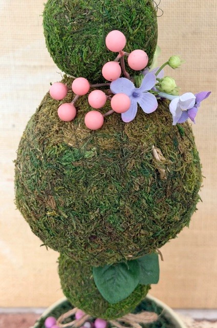 VINTAGE TIN POT TRIPLE MOSS-BALL TOPIARY TREE COTTAGECORE SHABBY CHIC DECOR
