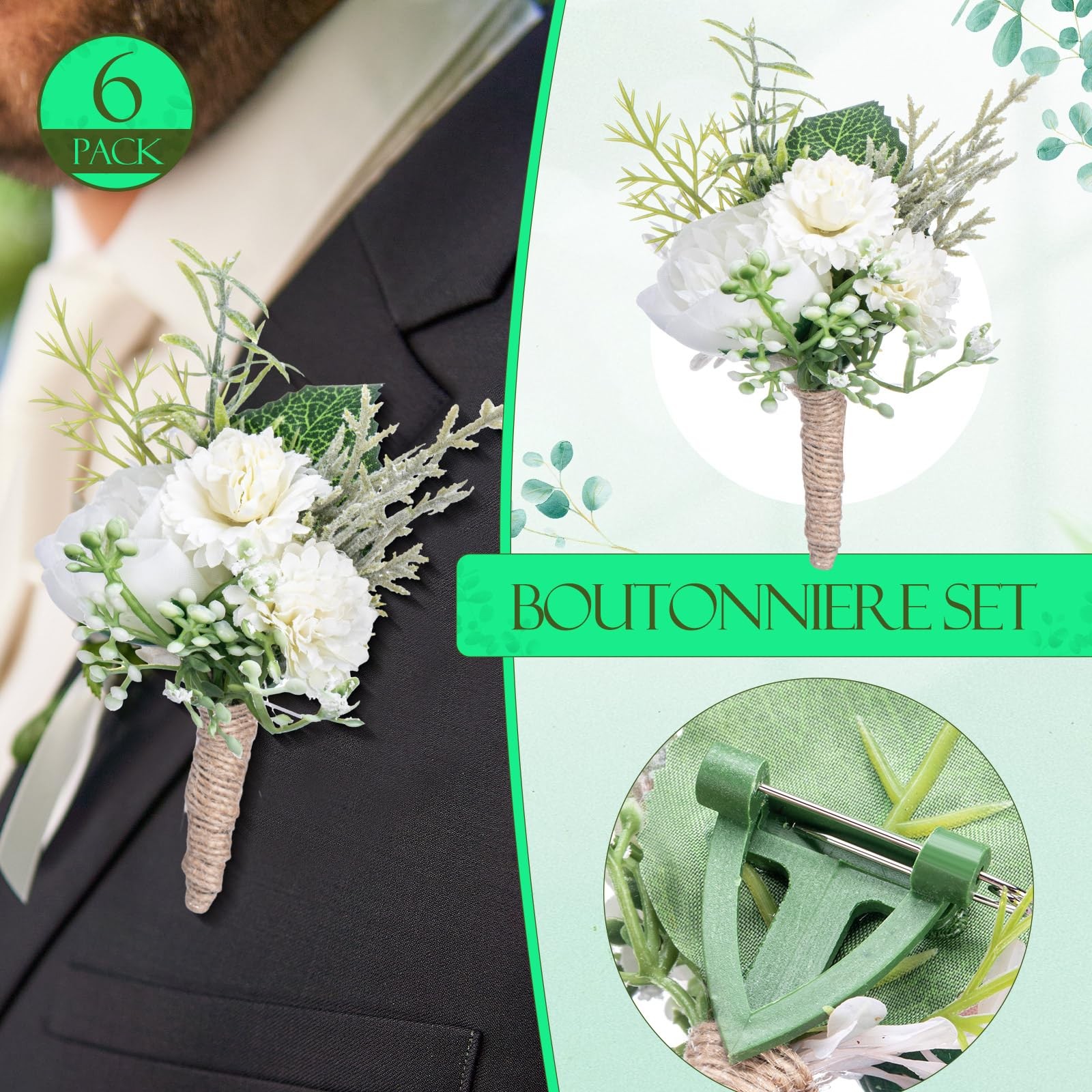 12PCS Wedding Corsage Boutonniere Set Artificial Rose Wristband Prom Retro White