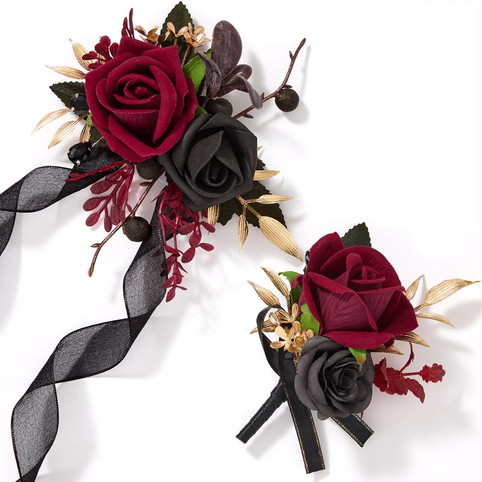 Burgundy Red Black Rose Corsage Wristlet And Boutonniere Set Wedding Prom