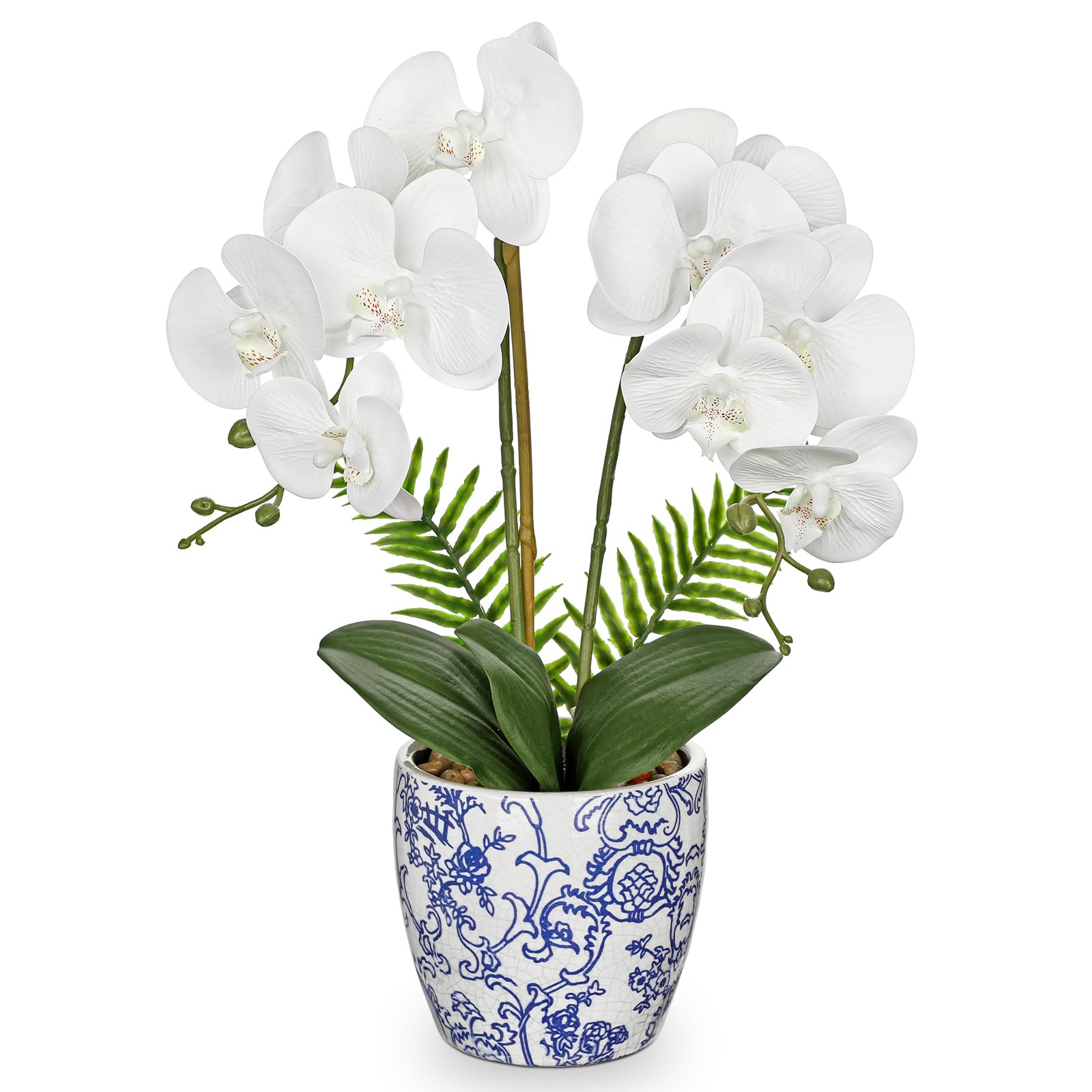 18.8in White Artificial Orchid Silk Flowers In Blue Pot Faux Home Centerpiece