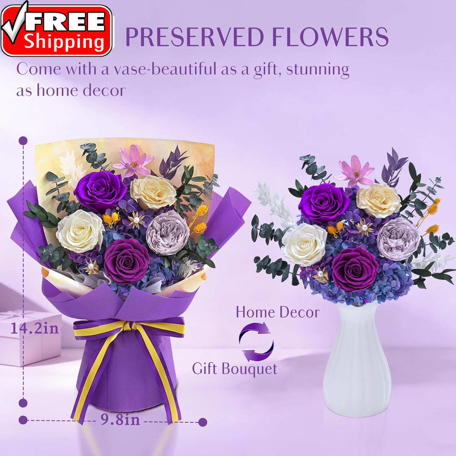 5 Pcs Glitter Purple Preserved Roses Flowers Bouquet, Forever Rose Flowers for D