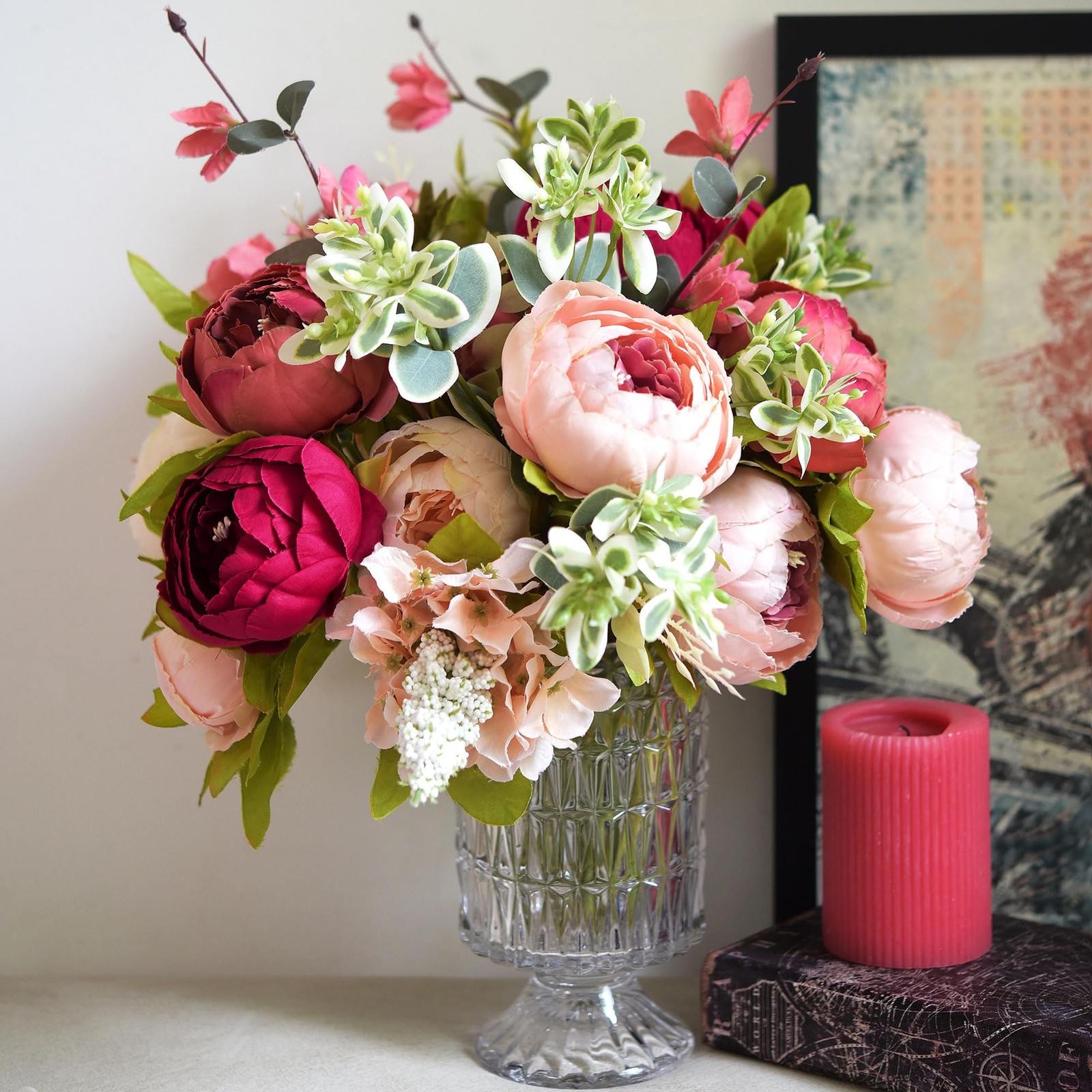 Pinkish Red and Dusty Pink Vintage Artificial Peonies Silk Flowers and Hydran…