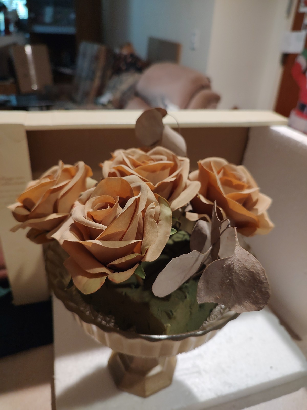 5 Heads Artificial Curled Edge Rose Bouquet Glass Bowl Wedding Table Home Decor