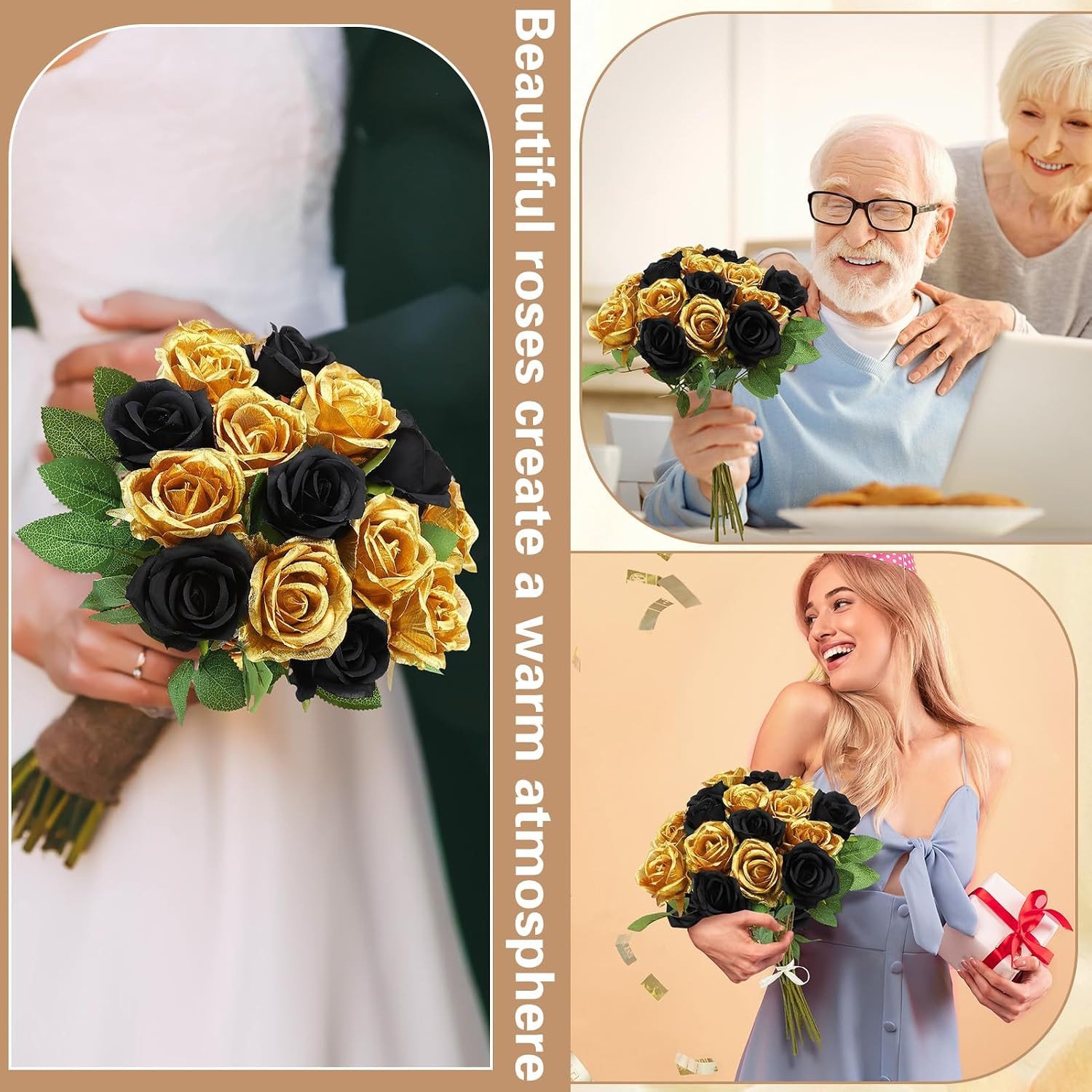 72 Pcs Gold & Black Artificial Roses for Home, Wedding & Birthday Decor