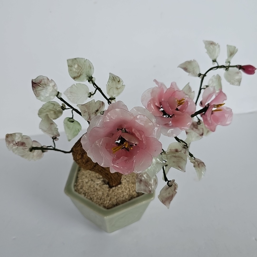 Vintage Chinese Glass Bonsai Tree Pink Cherry Blossom Celadon Pot Chinoiserie