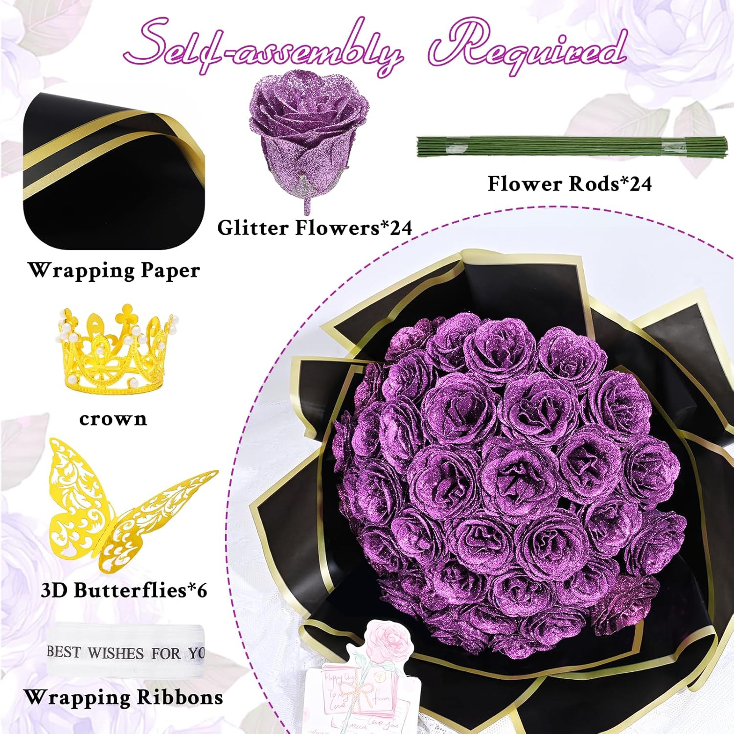 24 Lilac Glitter Roses Bouquet, DIY Fake Flowers, Everlasting, Valentines, Gift