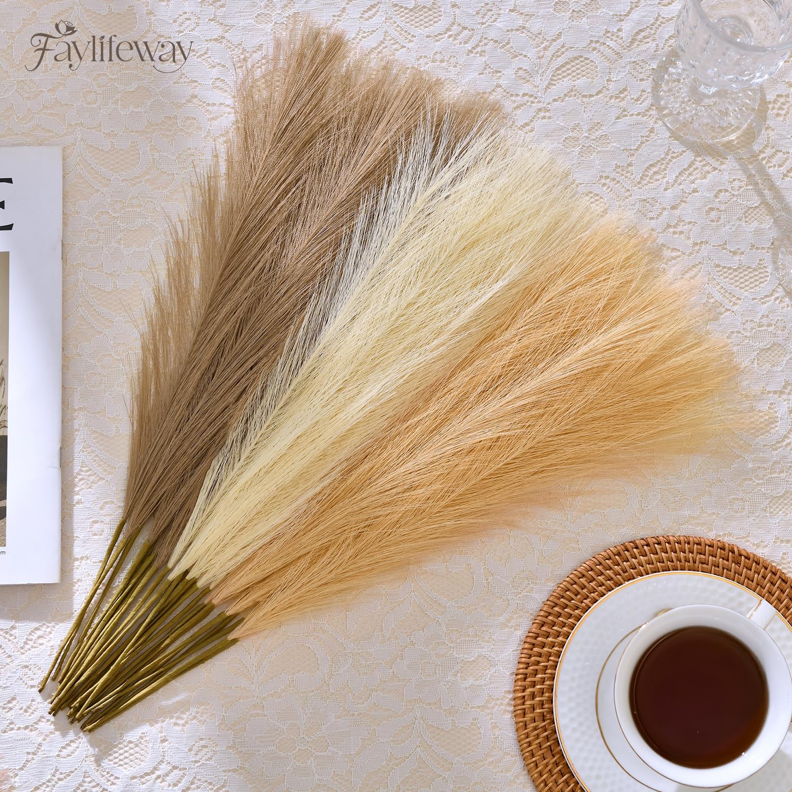 50PCS 17 Faux Pampas Grass, Sand Beige Light Brown, Fluffy, Vase Filler